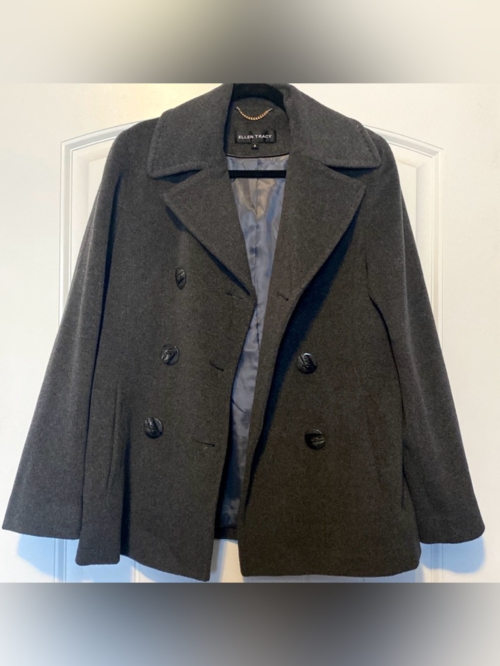 Ellen Tracy Wool Dark Charcoal Double-Breasted Peacoat Size 8